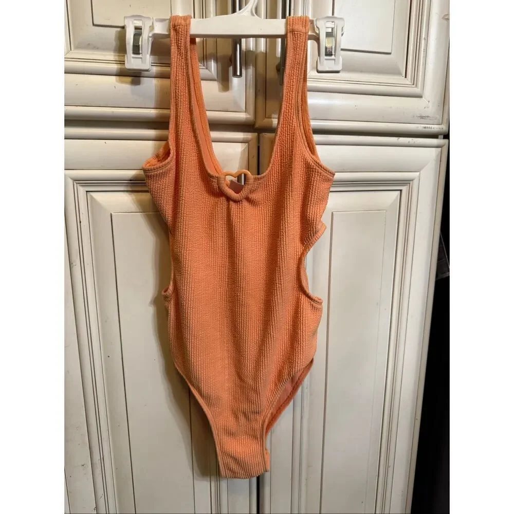 Zara Girls Crinkle Textured Cutout Side One-Piece Swimsuit Orange Size 11-12